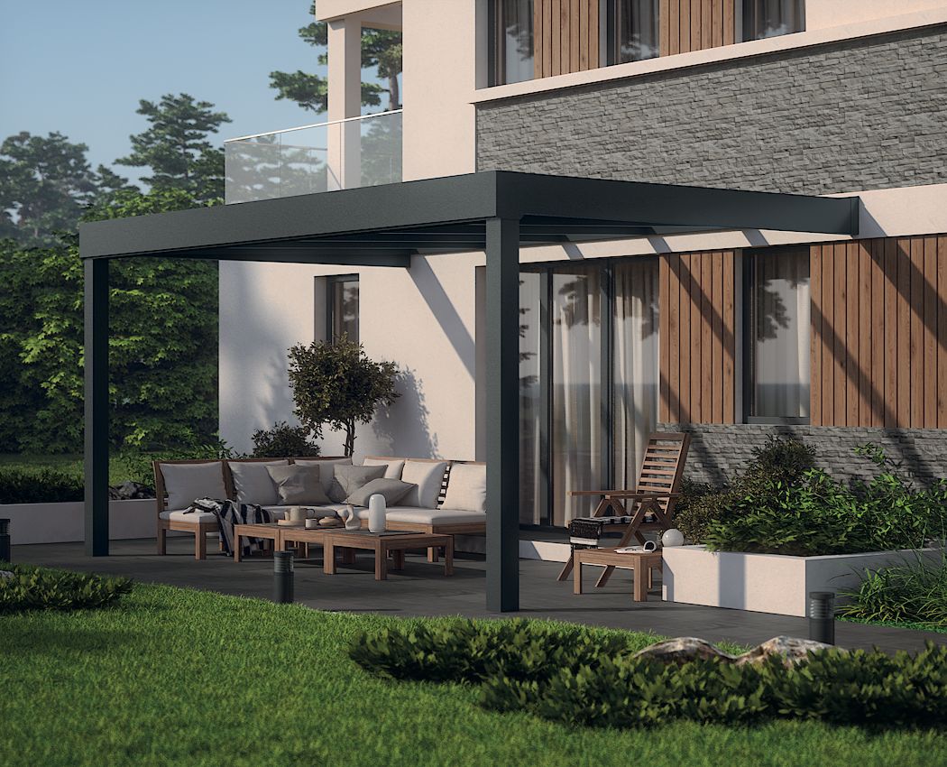 Kubisches Terrassendach an moderner Architektur